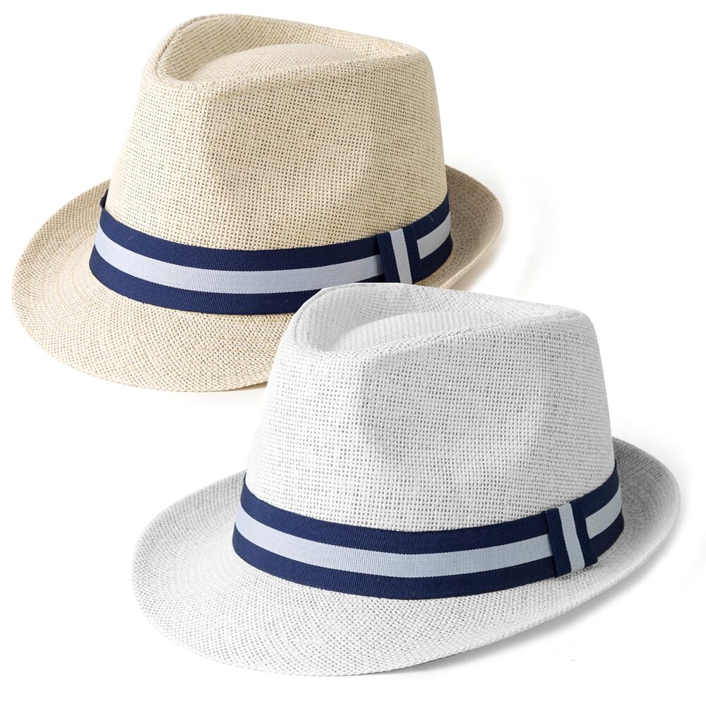 6261 2 Pack Short Brim Straw Fedora Summer Beach Sun Hat 2 Pcs Set L